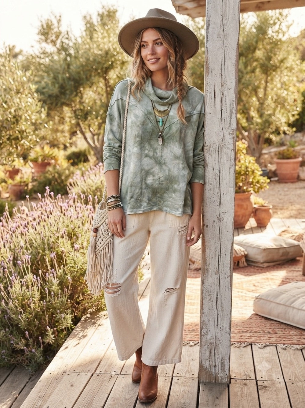 POL Sage Green Gray Tie Dye Cowl Neck Raw Edge Long Sleeve Top M